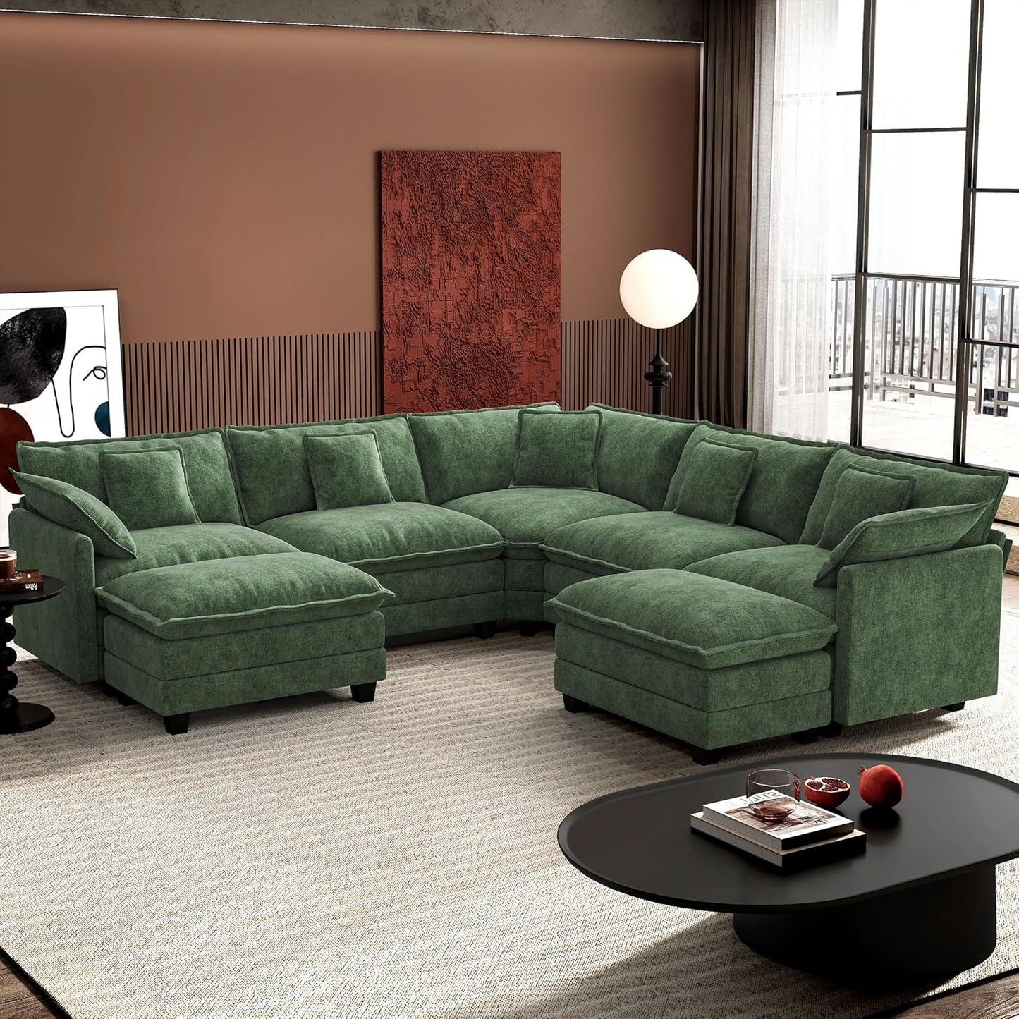 146" U-Shaped Modern Sofa Modular Sectional Cloud Couch with 2 Ottoman, 6-Seat Chenille Deep Seat Sofa with 6 Pillows for Living Room, Bedroom and Apartment, Grey