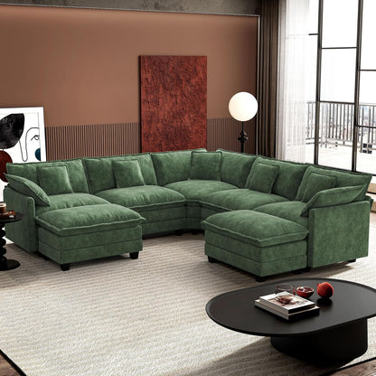 146" U-Shaped Modern Sofa Modular Sectional Cloud Couch with 2 Ottoman, 6-Seat Chenille Deep Seat Sofa with 6 Pillows for Living Room, Bedroom and Apartment, Grey