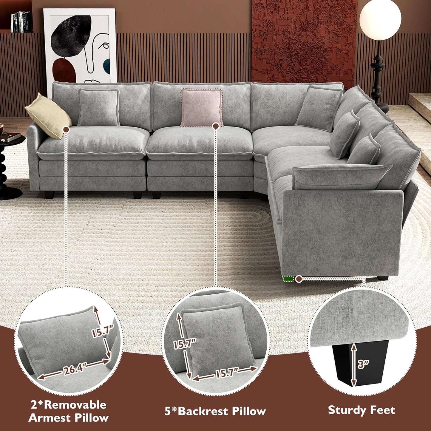 146" U-Shaped Modern Sofa Modular Sectional Cloud Couch with 2 Ottoman, 6-Seat Chenille Deep Seat Sofa with 6 Pillows for Living Room, Bedroom and Apartment, Grey