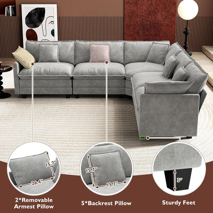 146" U-Shaped Modern Sofa Modular Sectional Cloud Couch with 2 Ottoman, 6-Seat Chenille Deep Seat Sofa with 6 Pillows for Living Room, Bedroom and Apartment, Grey