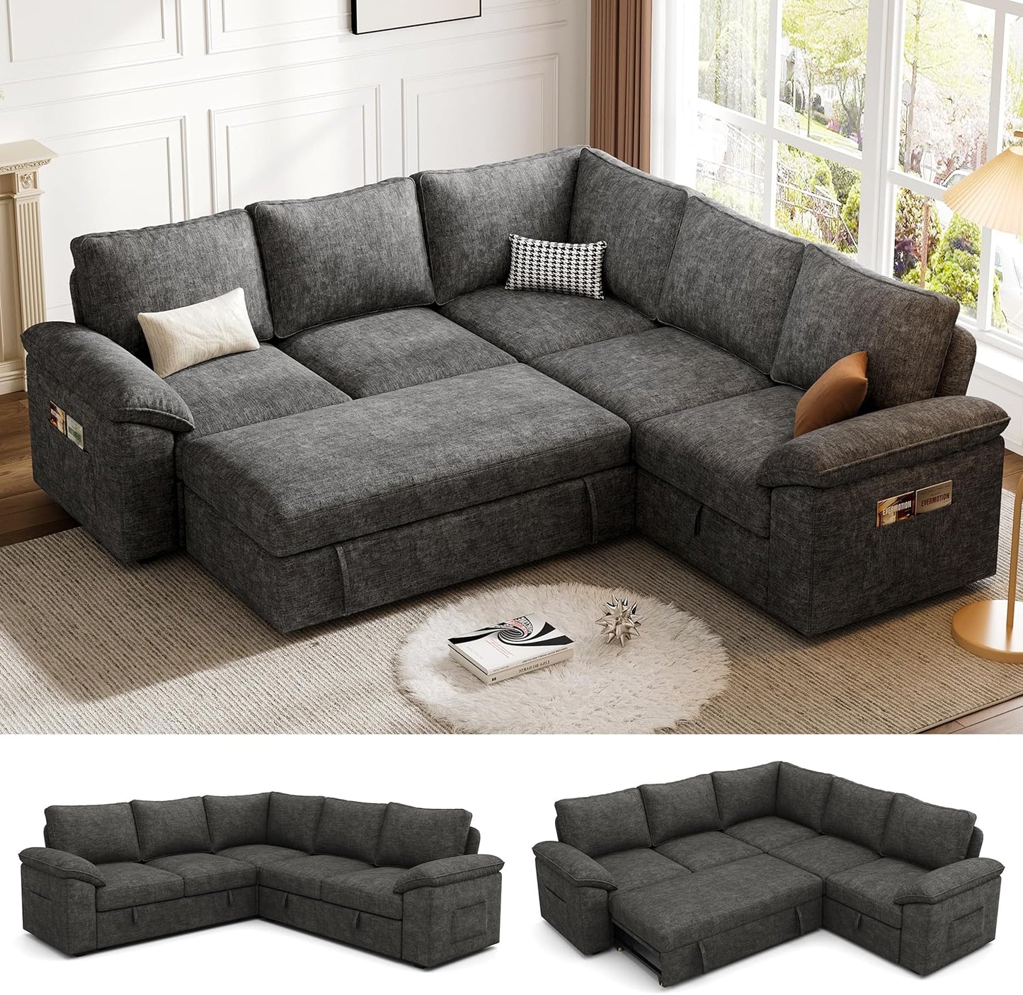 108 Inch Sectional Sleeper Sofa with Pull Out Bed, U Shaped 7 Seat Modular Sectional Sofa with Storage, Sectional Couches for Living Room, Cloud Modular Couch,Removable Sofa Cover, Dark Grey