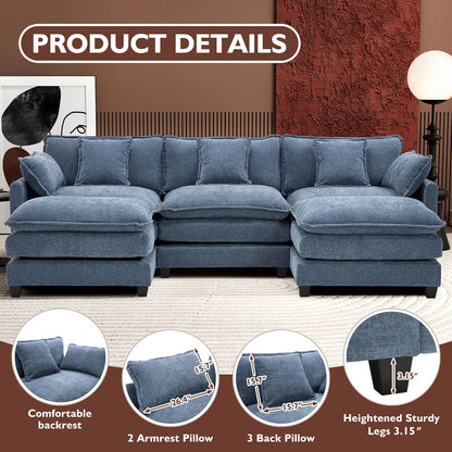146" U-Shaped Modern Sofa Modular Sectional Cloud Couch with 2 Ottoman, 6-Seat Chenille Deep Seat Sofa with 6 Pillows for Living Room, Bedroom and Apartment, Grey