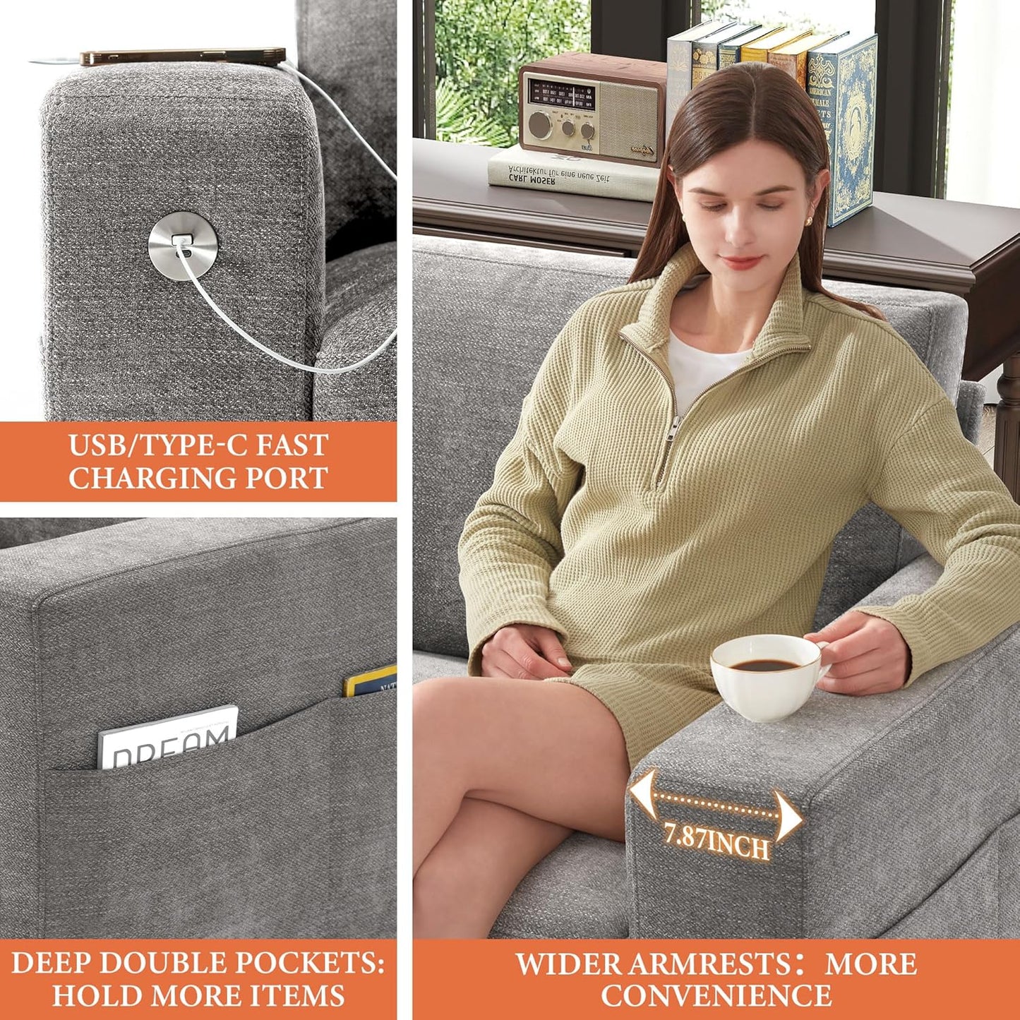 146" U-Shaped Modern Sofa Modular Sectional Cloud Couch with 2 Ottoman, 6-Seat Chenille Deep Seat Sofa with 6 Pillows for Living Room, Bedroom and Apartment, Grey