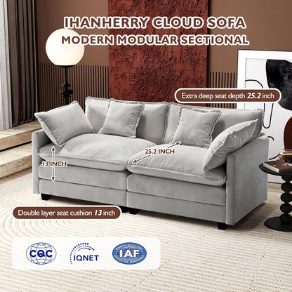 146" U-Shaped Modern Sofa Modular Sectional Cloud Couch with 2 Ottoman, 6-Seat Chenille Deep Seat Sofa with 6 Pillows for Living Room, Bedroom and Apartment, Grey