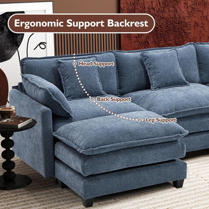 146" U-Shaped Modern Sofa Modular Sectional Cloud Couch with 2 Ottoman, 6-Seat Chenille Deep Seat Sofa with 6 Pillows for Living Room, Bedroom and Apartment, Grey