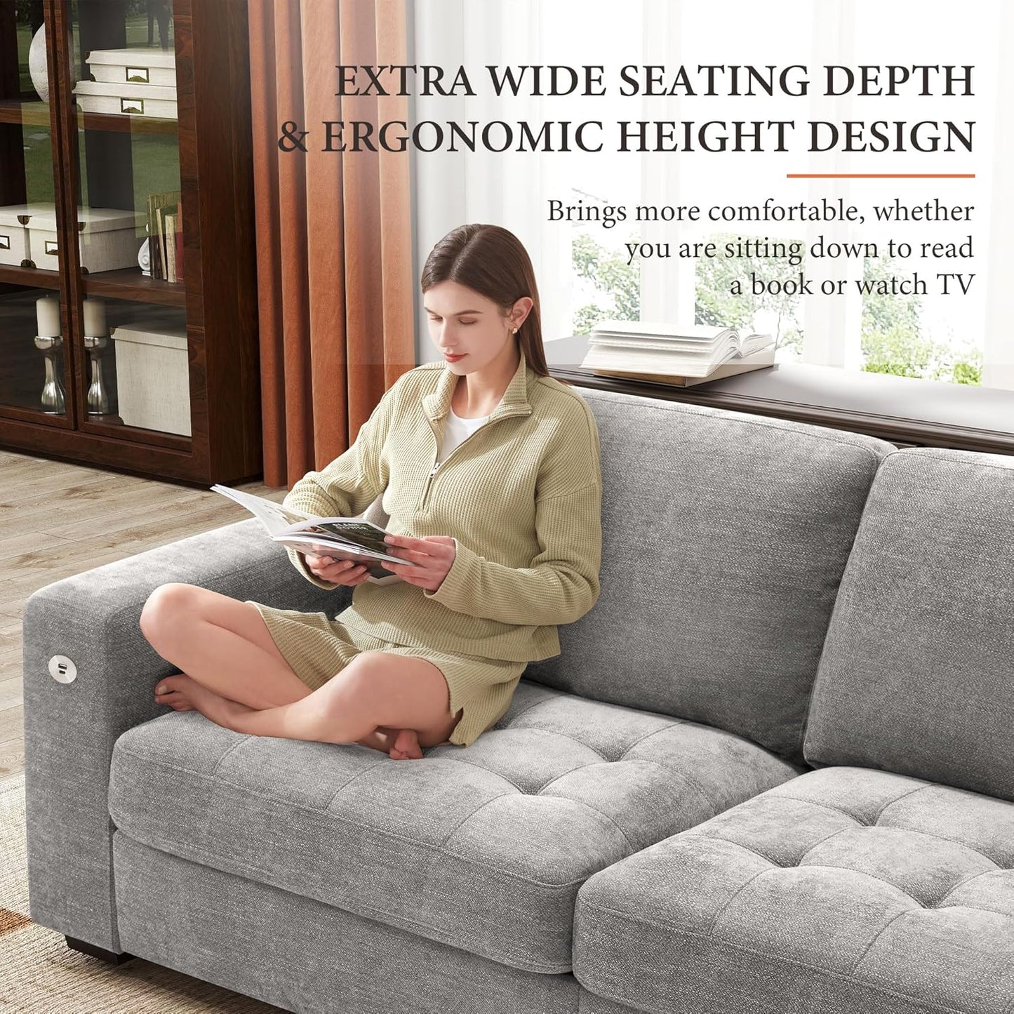 146" U-Shaped Modern Sofa Modular Sectional Cloud Couch with 2 Ottoman, 6-Seat Chenille Deep Seat Sofa with 6 Pillows for Living Room, Bedroom and Apartment, Grey