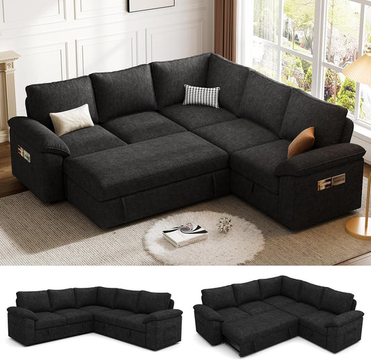 108 Inch Sectional Sleeper Sofa with Pull Out Bed, U Shaped 7 Seat Modular Sectional Sofa with Storage, Sectional Couches for Living Room, Cloud Modular Couch,Removable Sofa Cover, Dark Grey