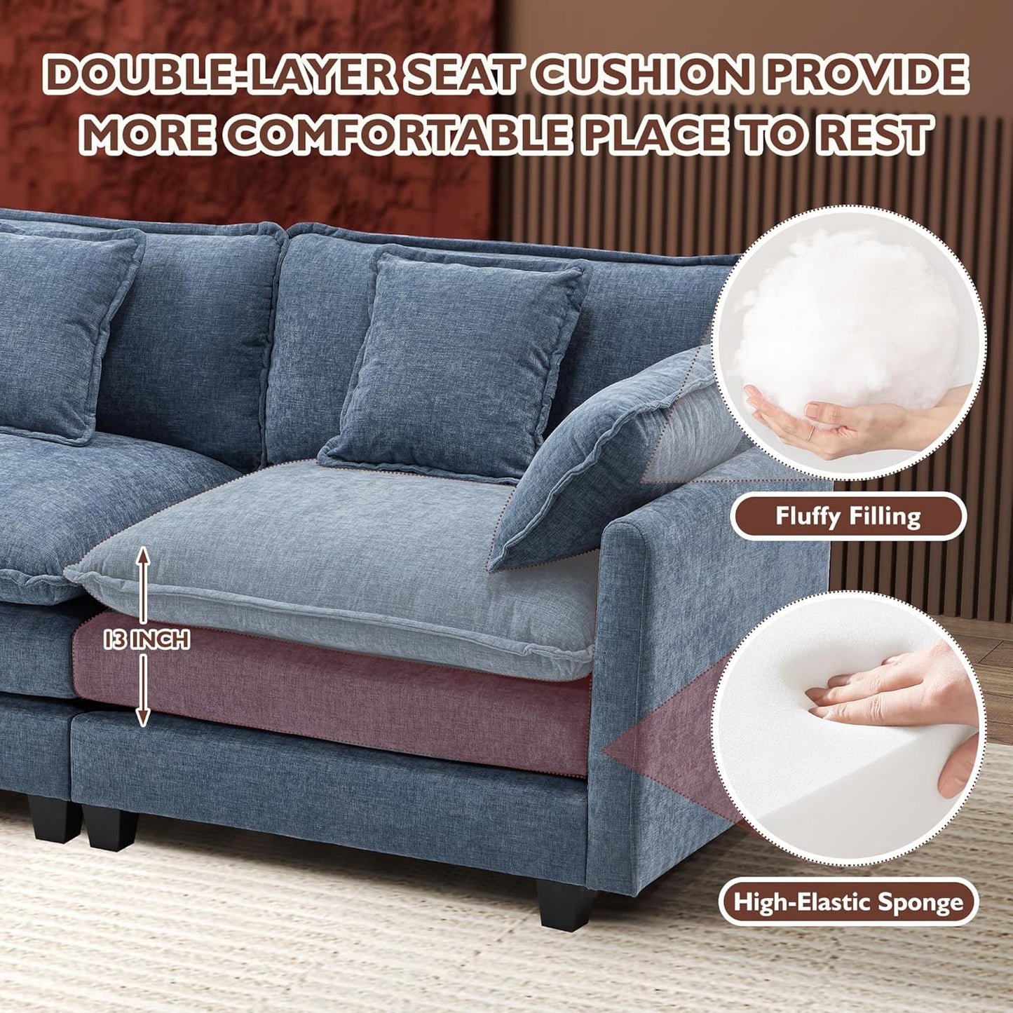 146" U-Shaped Modern Sofa Modular Sectional Cloud Couch with 2 Ottoman, 6-Seat Chenille Deep Seat Sofa with 6 Pillows for Living Room, Bedroom and Apartment, Grey