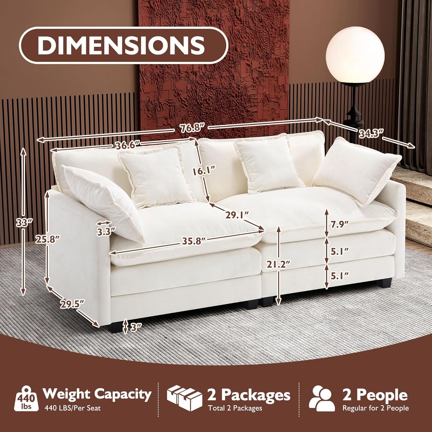 146" U-Shaped Modern Sofa Modular Sectional Cloud Couch with 2 Ottoman, 6-Seat Chenille Deep Seat Sofa with 6 Pillows for Living Room, Bedroom and Apartment, Grey