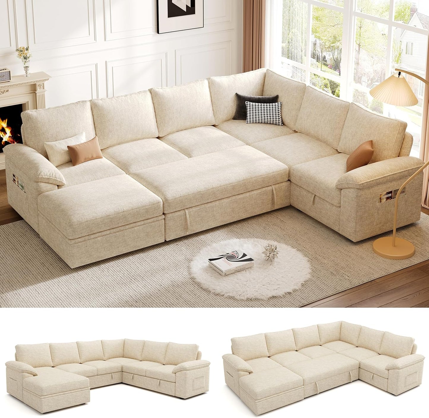 108 Inch Sectional Sleeper Sofa with Pull Out Bed, U Shaped 7 Seat Modular Sectional Sofa with Storage, Sectional Couches for Living Room, Cloud Modular Couch,Removable Sofa Cover, Dark Grey