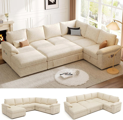 108 Inch Sectional Sleeper Sofa with Pull Out Bed, U Shaped 7 Seat Modular Sectional Sofa with Storage, Sectional Couches for Living Room, Cloud Modular Couch,Removable Sofa Cover, Dark Grey