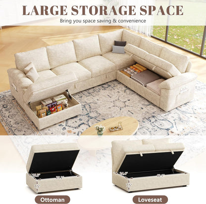 108 Inch Sectional Sleeper Sofa with Pull Out Bed, U Shaped 7 Seat Modular Sectional Sofa with Storage, Sectional Couches for Living Room, Cloud Modular Couch,Removable Sofa Cover, Dark Grey