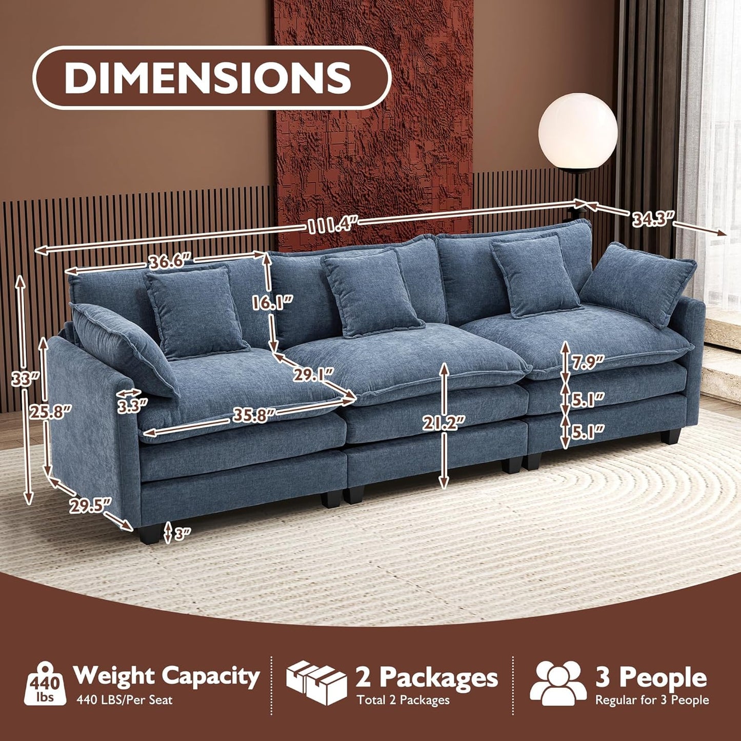 146" U-Shaped Modern Sofa Modular Sectional Cloud Couch with 2 Ottoman, 6-Seat Chenille Deep Seat Sofa with 6 Pillows for Living Room, Bedroom and Apartment, Grey