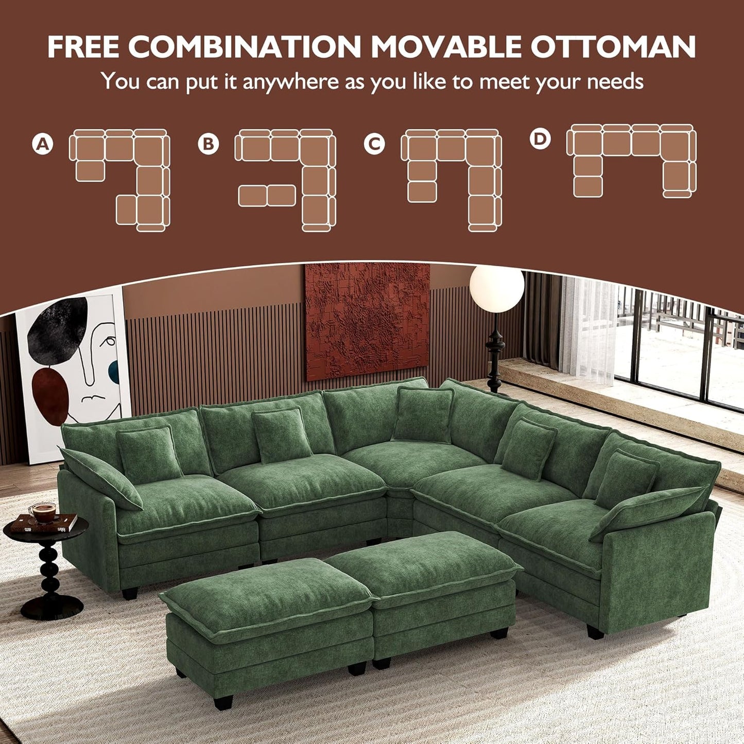 146" U-Shaped Modern Sofa Modular Sectional Cloud Couch with 2 Ottoman, 6-Seat Chenille Deep Seat Sofa with 6 Pillows for Living Room, Bedroom and Apartment, Grey