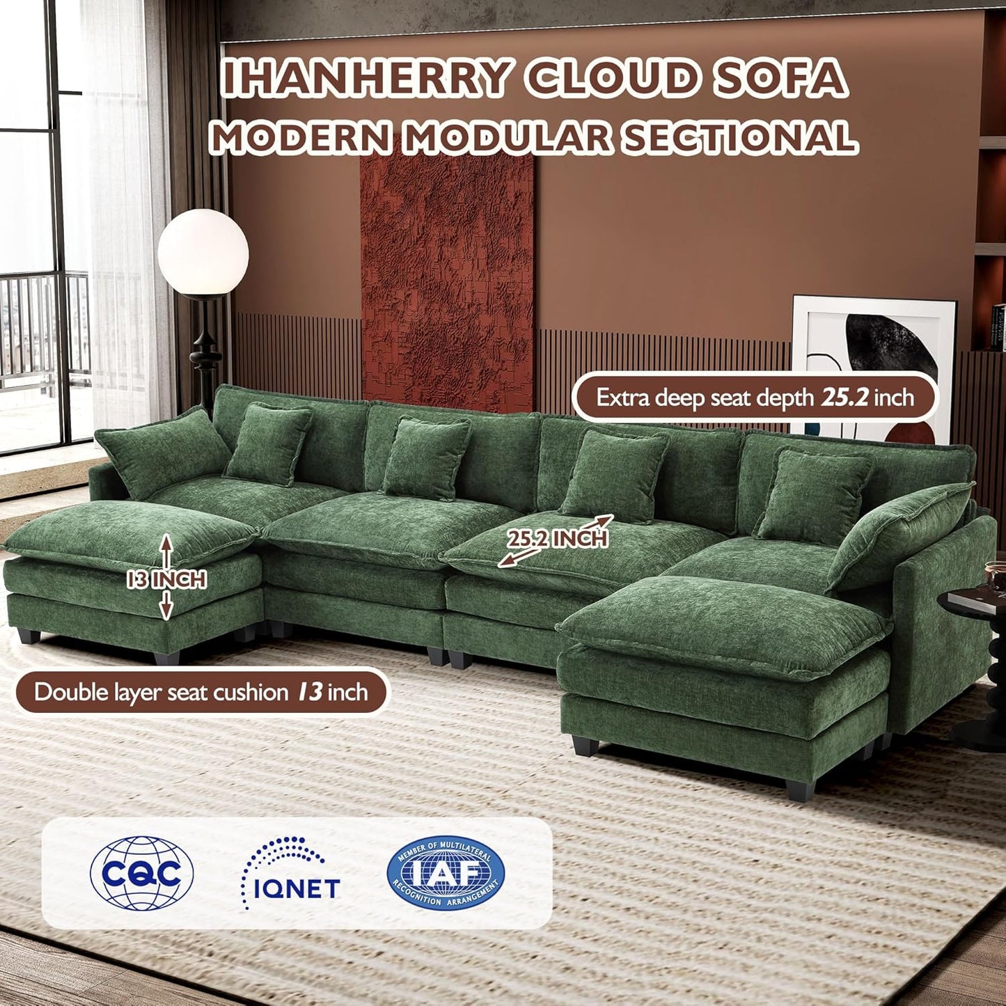 146" U-Shaped Modern Sofa Modular Sectional Cloud Couch with 2 Ottoman, 6-Seat Chenille Deep Seat Sofa with 6 Pillows for Living Room, Bedroom and Apartment, Grey