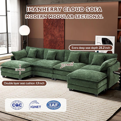 146" U-Shaped Modern Sofa Modular Sectional Cloud Couch with 2 Ottoman, 6-Seat Chenille Deep Seat Sofa with 6 Pillows for Living Room, Bedroom and Apartment, Grey