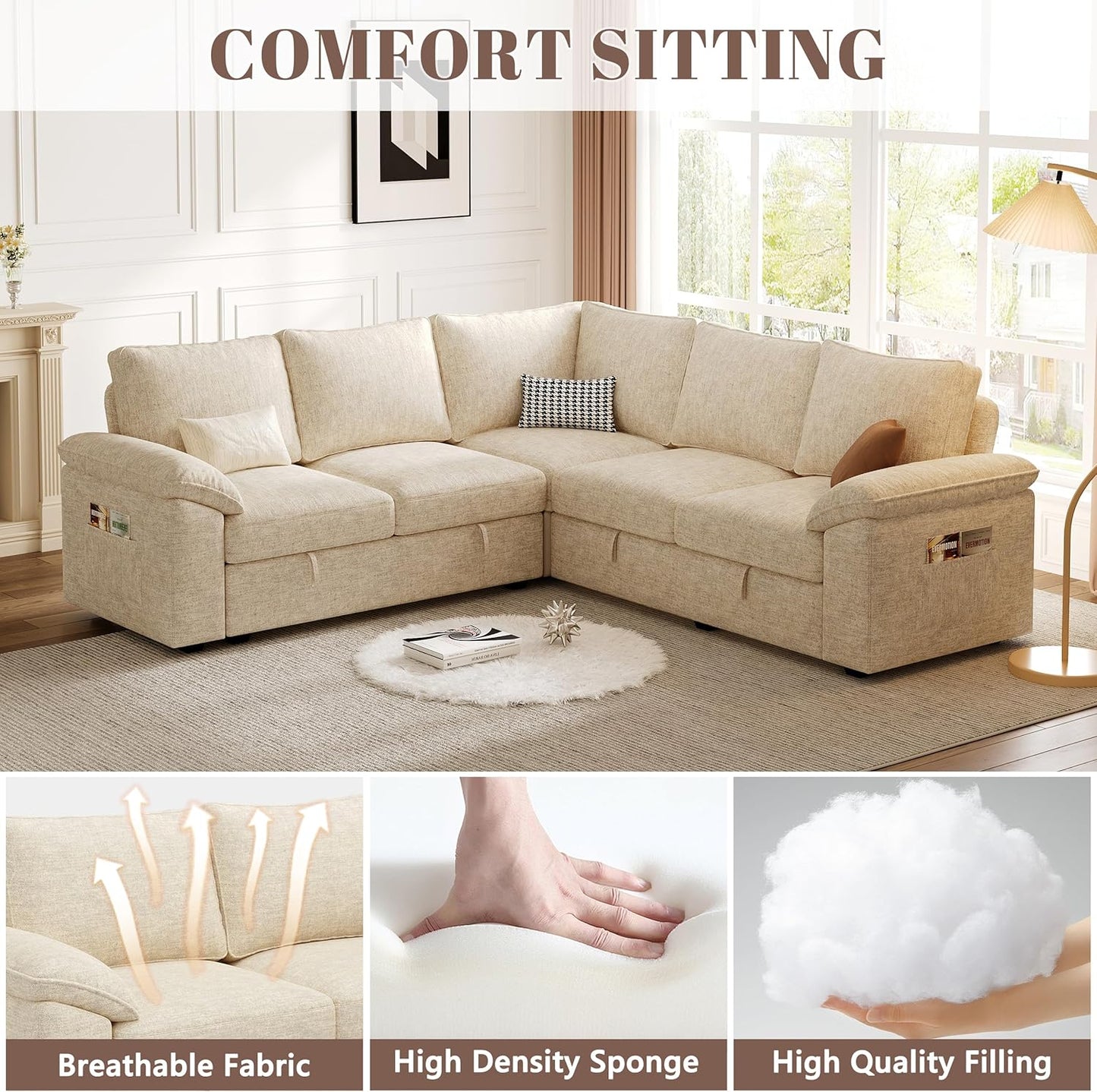 108 Inch Sectional Sleeper Sofa with Pull Out Bed, U Shaped 7 Seat Modular Sectional Sofa with Storage, Sectional Couches for Living Room, Cloud Modular Couch,Removable Sofa Cover, Dark Grey