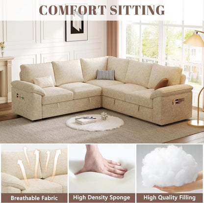 108 Inch Sectional Sleeper Sofa with Pull Out Bed, U Shaped 7 Seat Modular Sectional Sofa with Storage, Sectional Couches for Living Room, Cloud Modular Couch,Removable Sofa Cover, Dark Grey