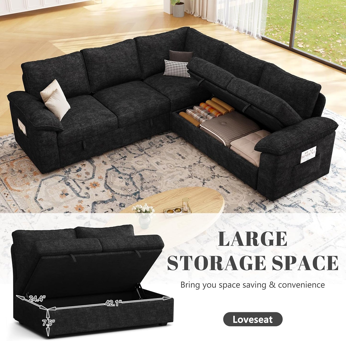 108 Inch Sectional Sleeper Sofa with Pull Out Bed, U Shaped 7 Seat Modular Sectional Sofa with Storage, Sectional Couches for Living Room, Cloud Modular Couch,Removable Sofa Cover, Dark Grey