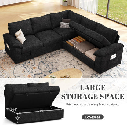 108 Inch Sectional Sleeper Sofa with Pull Out Bed, U Shaped 7 Seat Modular Sectional Sofa with Storage, Sectional Couches for Living Room, Cloud Modular Couch,Removable Sofa Cover, Dark Grey