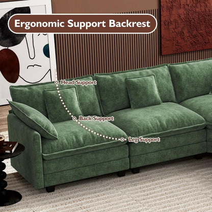 146" U-Shaped Modern Sofa Modular Sectional Cloud Couch with 2 Ottoman, 6-Seat Chenille Deep Seat Sofa with 6 Pillows for Living Room, Bedroom and Apartment, Grey