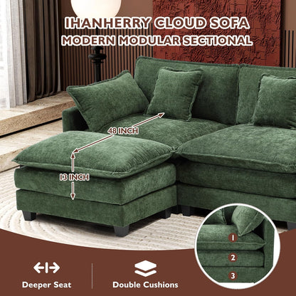 146" U-Shaped Modern Sofa Modular Sectional Cloud Couch with 2 Ottoman, 6-Seat Chenille Deep Seat Sofa with 6 Pillows for Living Room, Bedroom and Apartment, Grey