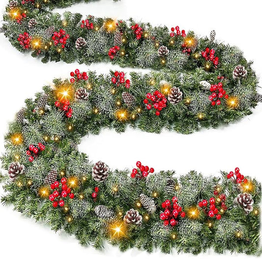 9 Ft by 10 Inch 50 LED Prelit Christmas Garland Decorations Warm White Lights Thick 270 Snowy Tips 70 Red Berry 10 Pinecone Xmas Decor Garland Indoor