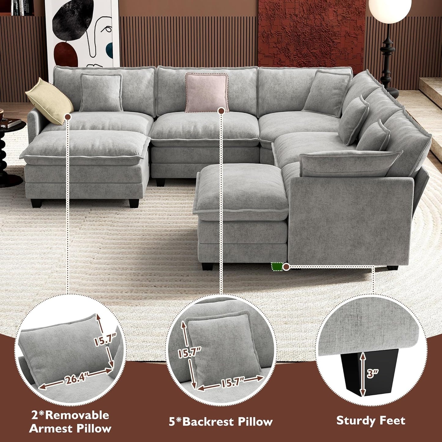 146" U-Shaped Modern Sofa Modular Sectional Cloud Couch with 2 Ottoman, 6-Seat Chenille Deep Seat Sofa with 6 Pillows for Living Room, Bedroom and Apartment, Grey
