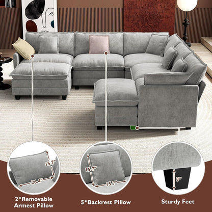 146" U-Shaped Modern Sofa Modular Sectional Cloud Couch with 2 Ottoman, 6-Seat Chenille Deep Seat Sofa with 6 Pillows for Living Room, Bedroom and Apartment, Grey