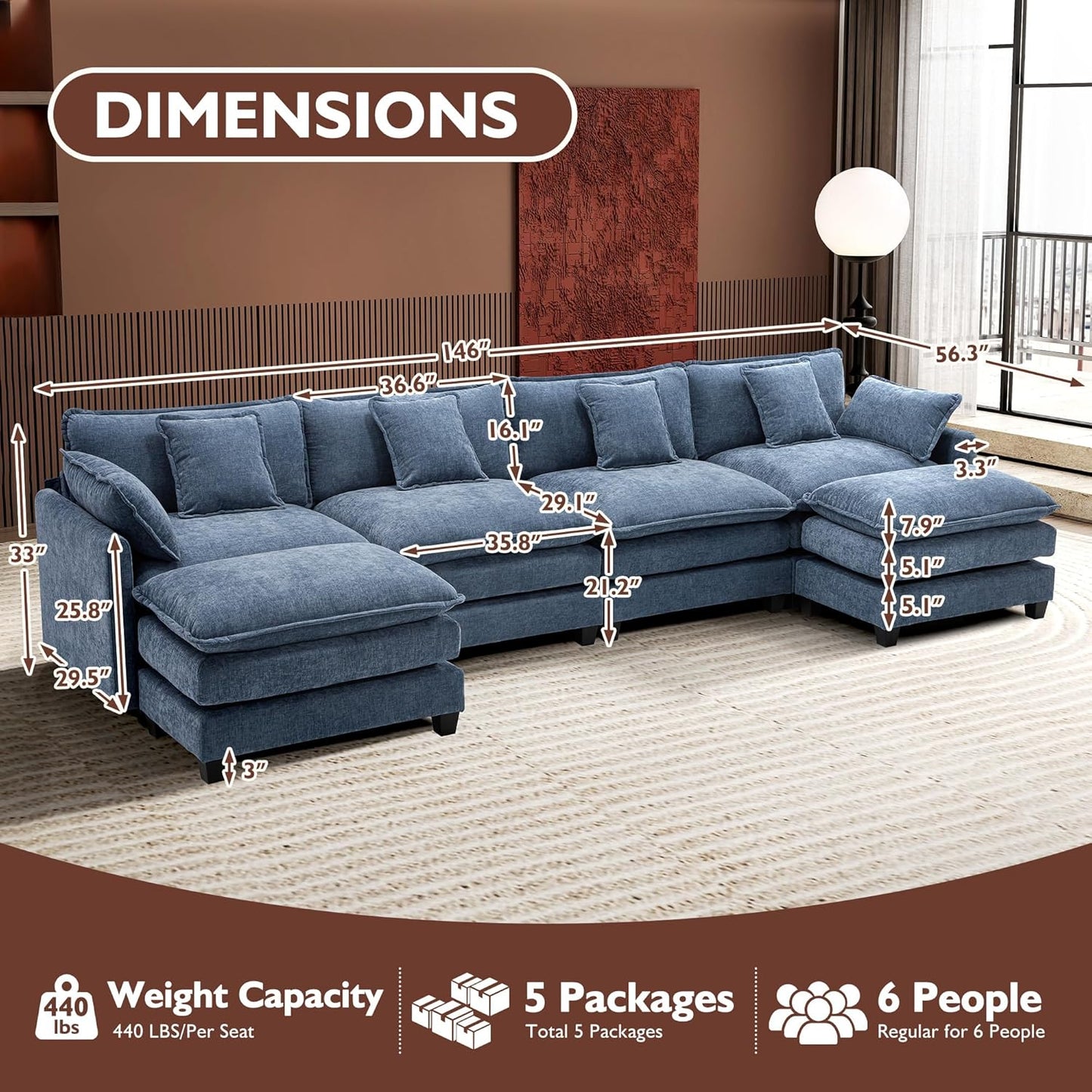 146" U-Shaped Modern Sofa Modular Sectional Cloud Couch with 2 Ottoman, 6-Seat Chenille Deep Seat Sofa with 6 Pillows for Living Room, Bedroom and Apartment, Grey