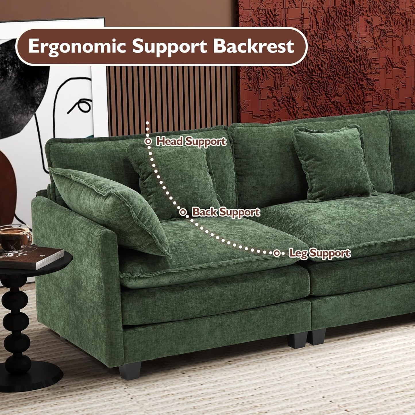 146" U-Shaped Modern Sofa Modular Sectional Cloud Couch with 2 Ottoman, 6-Seat Chenille Deep Seat Sofa with 6 Pillows for Living Room, Bedroom and Apartment, Grey