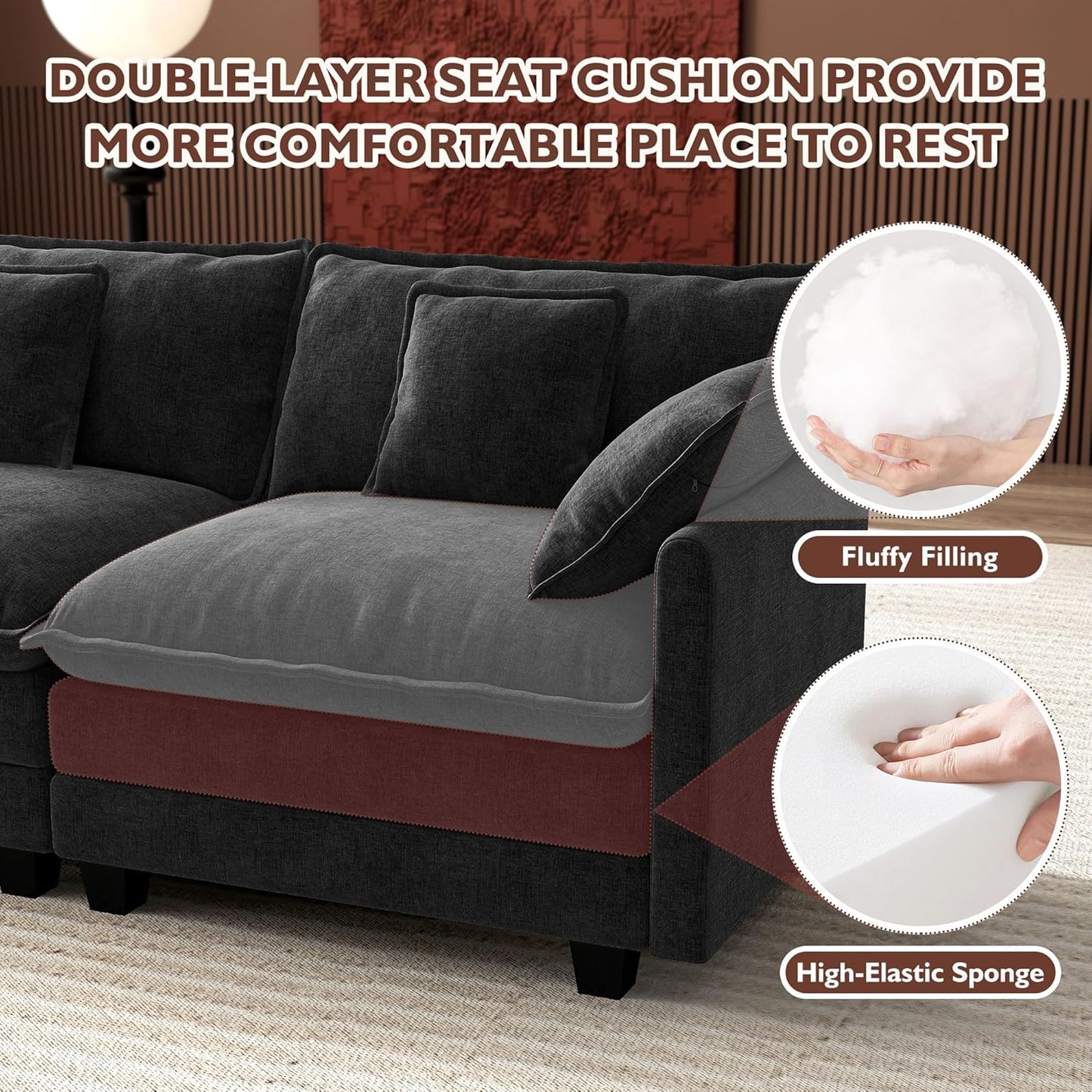 146" U-Shaped Modern Sofa Modular Sectional Cloud Couch with 2 Ottoman, 6-Seat Chenille Deep Seat Sofa with 6 Pillows for Living Room, Bedroom and Apartment, Grey