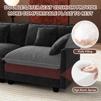 146" U-Shaped Modern Sofa Modular Sectional Cloud Couch with 2 Ottoman, 6-Seat Chenille Deep Seat Sofa with 6 Pillows for Living Room, Bedroom and Apartment, Grey