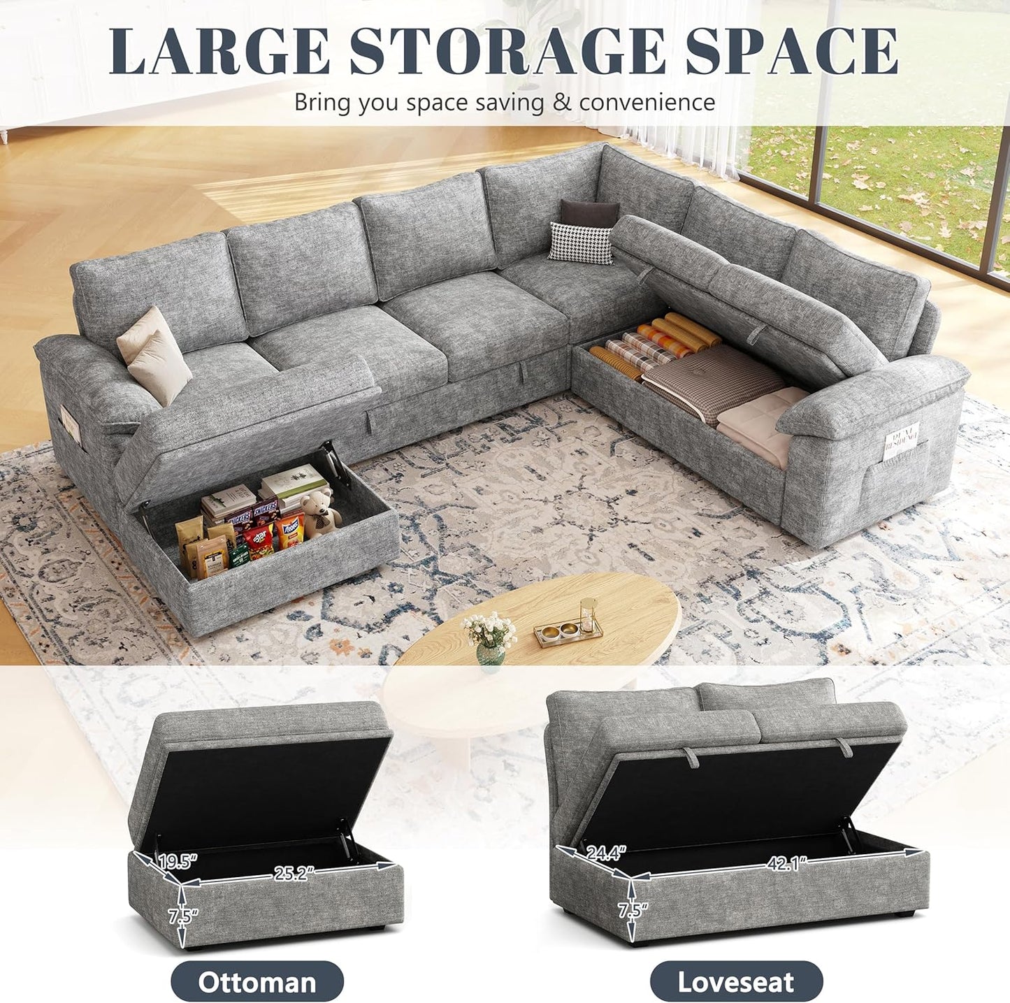 108 Inch Sectional Sleeper Sofa with Pull Out Bed, U Shaped 7 Seat Modular Sectional Sofa with Storage, Sectional Couches for Living Room, Cloud Modular Couch,Removable Sofa Cover, Dark Grey