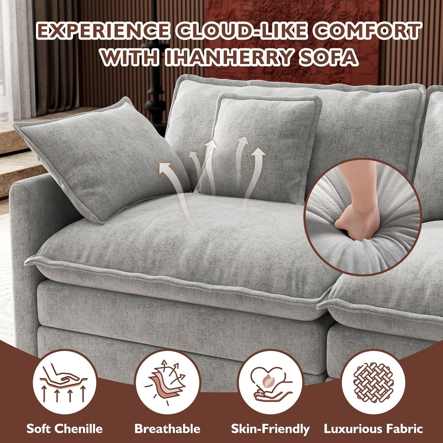 146" U-Shaped Modern Sofa Modular Sectional Cloud Couch with 2 Ottoman, 6-Seat Chenille Deep Seat Sofa with 6 Pillows for Living Room, Bedroom and Apartment, Grey
