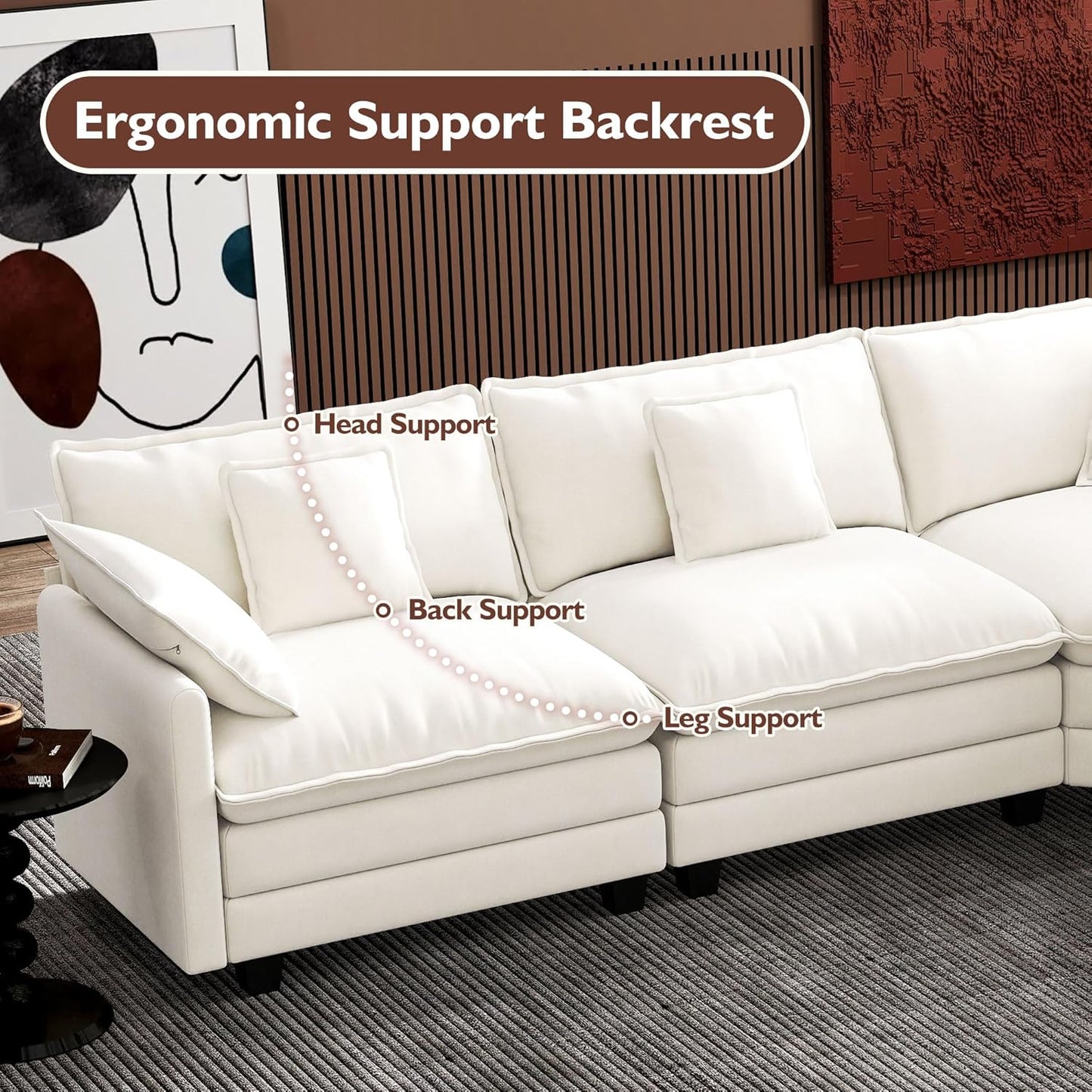 146" U-Shaped Modern Sofa Modular Sectional Cloud Couch with 2 Ottoman, 6-Seat Chenille Deep Seat Sofa with 6 Pillows for Living Room, Bedroom and Apartment, Grey