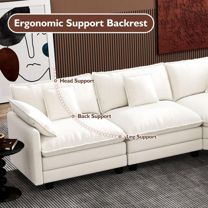 146" U-Shaped Modern Sofa Modular Sectional Cloud Couch with 2 Ottoman, 6-Seat Chenille Deep Seat Sofa with 6 Pillows for Living Room, Bedroom and Apartment, Grey