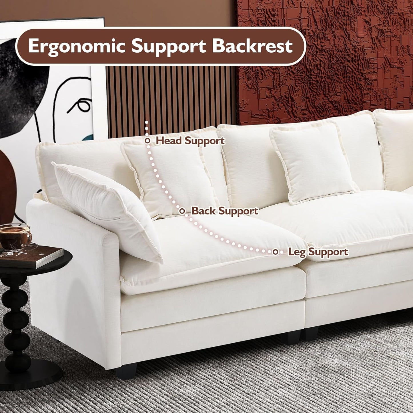 146" U-Shaped Modern Sofa Modular Sectional Cloud Couch with 2 Ottoman, 6-Seat Chenille Deep Seat Sofa with 6 Pillows for Living Room, Bedroom and Apartment, Grey