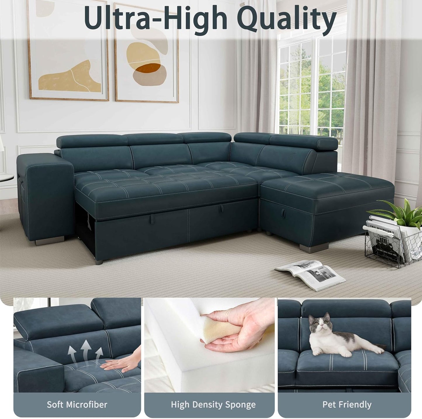 104'' Microfiber L Shaped Sectional Sleeper Sofa Couch with Pull Out Bed and Storage Ottoman, Convertible Couches with Adjustable Headrest for Living Room, Right Facing Chaise. Beige