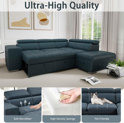 104'' Microfiber L Shaped Sectional Sleeper Sofa Couch with Pull Out Bed and Storage Ottoman, Convertible Couches with Adjustable Headrest for Living Room, Right Facing Chaise. Beige