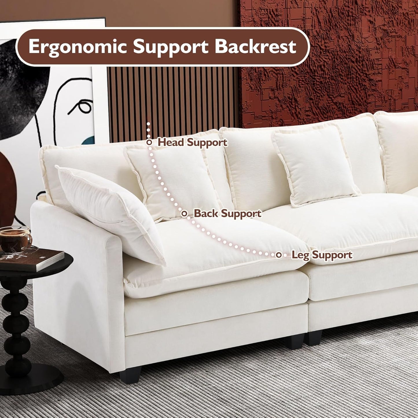 146" U-Shaped Modern Sofa Modular Sectional Cloud Couch with 2 Ottoman, 6-Seat Chenille Deep Seat Sofa with 6 Pillows for Living Room, Bedroom and Apartment, Grey