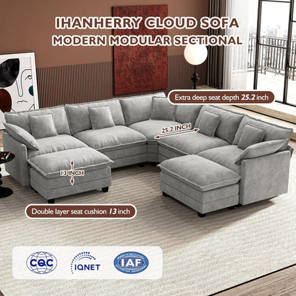146" U-Shaped Modern Sofa Modular Sectional Cloud Couch with 2 Ottoman, 6-Seat Chenille Deep Seat Sofa with 6 Pillows for Living Room, Bedroom and Apartment, Grey