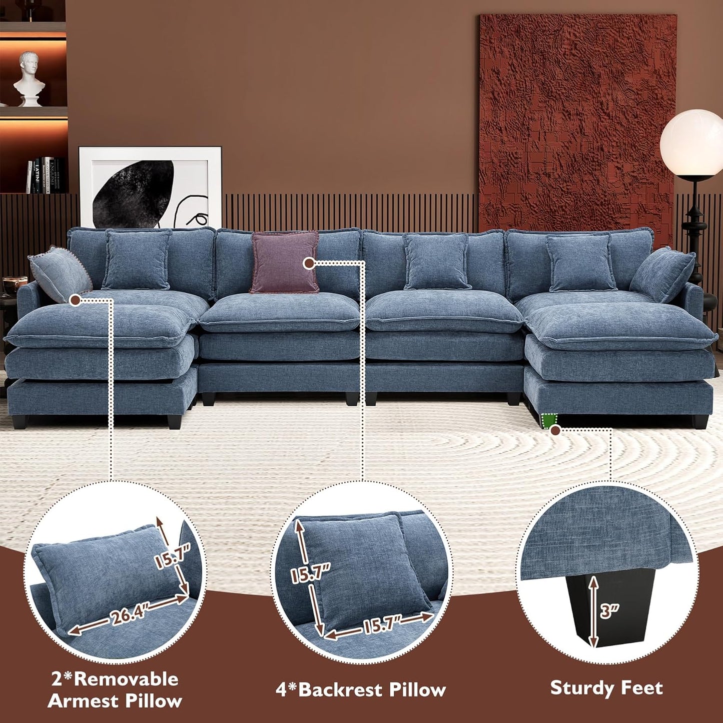 146" U-Shaped Modern Sofa Modular Sectional Cloud Couch with 2 Ottoman, 6-Seat Chenille Deep Seat Sofa with 6 Pillows for Living Room, Bedroom and Apartment, Grey