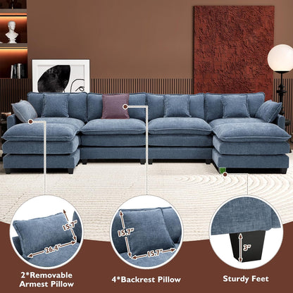 146" U-Shaped Modern Sofa Modular Sectional Cloud Couch with 2 Ottoman, 6-Seat Chenille Deep Seat Sofa with 6 Pillows for Living Room, Bedroom and Apartment, Grey