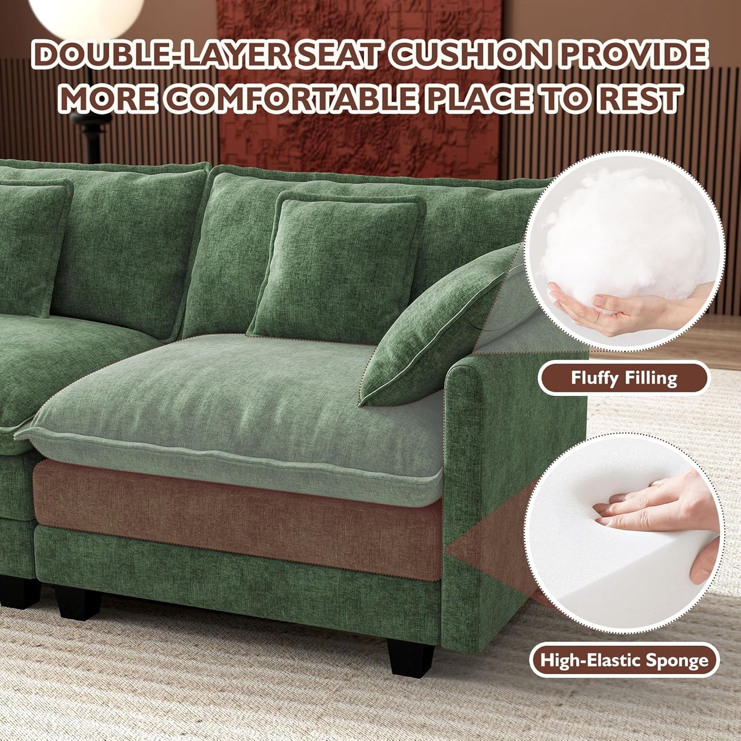 146" U-Shaped Modern Sofa Modular Sectional Cloud Couch with 2 Ottoman, 6-Seat Chenille Deep Seat Sofa with 6 Pillows for Living Room, Bedroom and Apartment, Grey