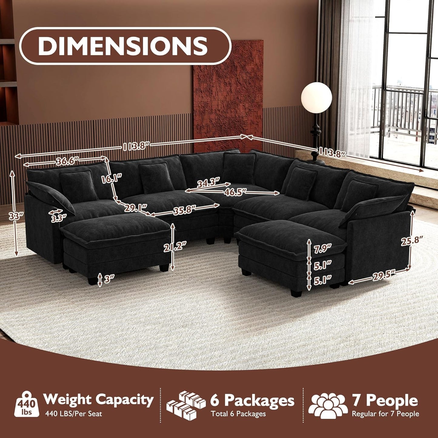 146" U-Shaped Modern Sofa Modular Sectional Cloud Couch with 2 Ottoman, 6-Seat Chenille Deep Seat Sofa with 6 Pillows for Living Room, Bedroom and Apartment, Grey