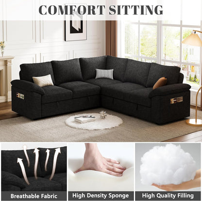 108 Inch Sectional Sleeper Sofa with Pull Out Bed, U Shaped 7 Seat Modular Sectional Sofa with Storage, Sectional Couches for Living Room, Cloud Modular Couch,Removable Sofa Cover, Dark Grey