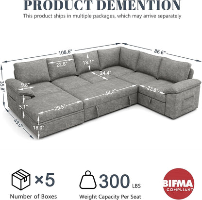 108 Inch Sectional Sleeper Sofa with Pull Out Bed, U Shaped 7 Seat Modular Sectional Sofa with Storage, Sectional Couches for Living Room, Cloud Modular Couch,Removable Sofa Cover, Dark Grey