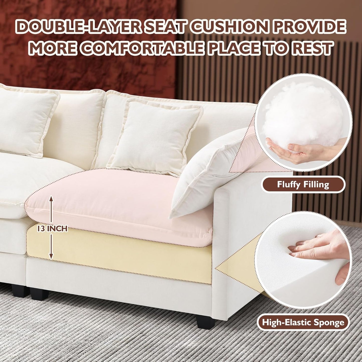 146" U-Shaped Modern Sofa Modular Sectional Cloud Couch with 2 Ottoman, 6-Seat Chenille Deep Seat Sofa with 6 Pillows for Living Room, Bedroom and Apartment, Grey