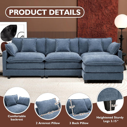 146" U-Shaped Modern Sofa Modular Sectional Cloud Couch with 2 Ottoman, 6-Seat Chenille Deep Seat Sofa with 6 Pillows for Living Room, Bedroom and Apartment, Grey
